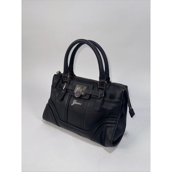 Guess Handbags - Guess Black Faux Leather Satchel Handbag – Lock Detail, Top Handle & Strap